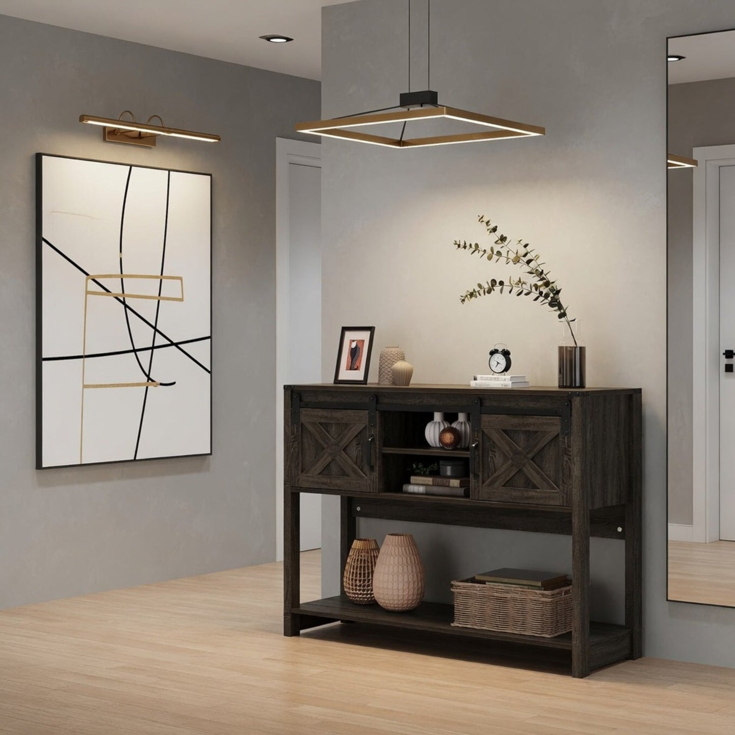46" Modern Farmhouse Entryway Table with Storage & Sliding Barn Door, Dark