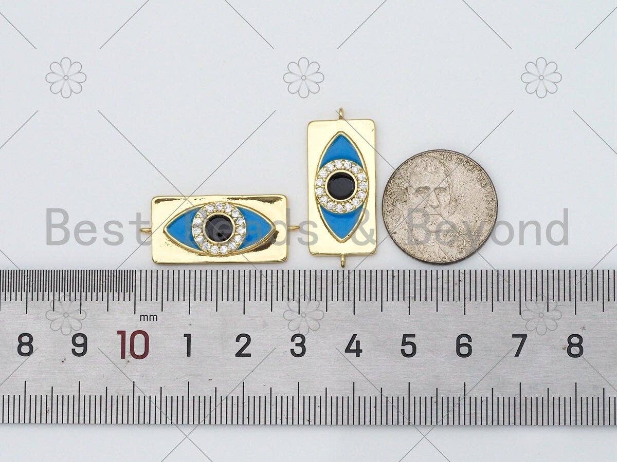 Turquoise Blue Enamel Evil Eye On Rectangle Shape Connector, 18K Gold Filled CZ Micro Pave Enamel Link,Enamel Jewelry,30x13mm,Sku#L596