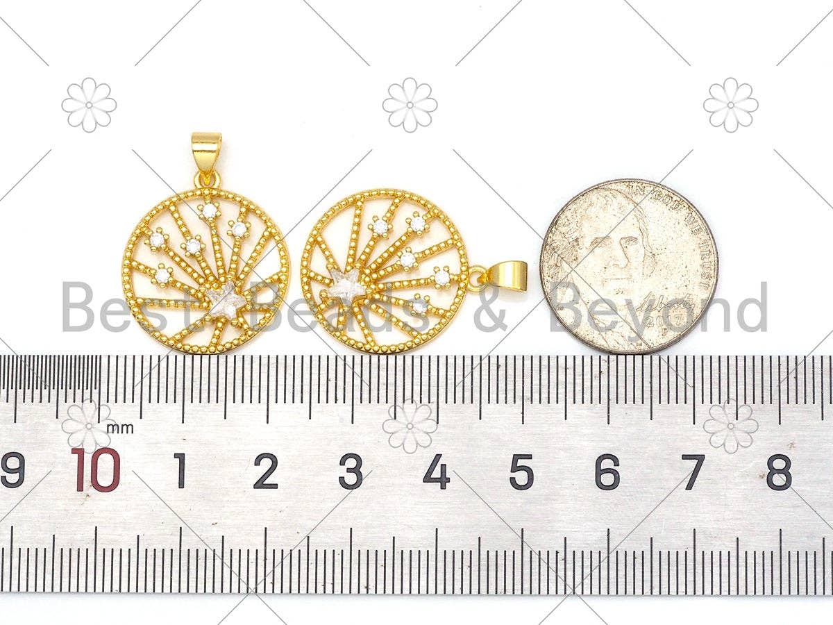 CZ Micro Pave North Star Coin Pendant Charm, sku#LK383