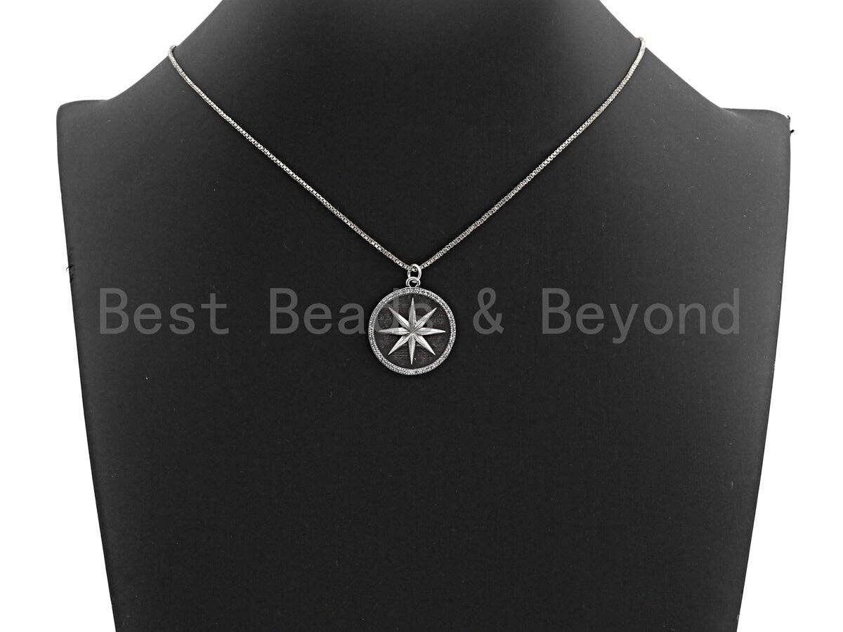 CZ Micro Pave Star on Round Disc Pendant, Antique Silver Tone, Cubic Zirconia Pave Coin Charm Pendant, 25x30mm,sku#F1020C
