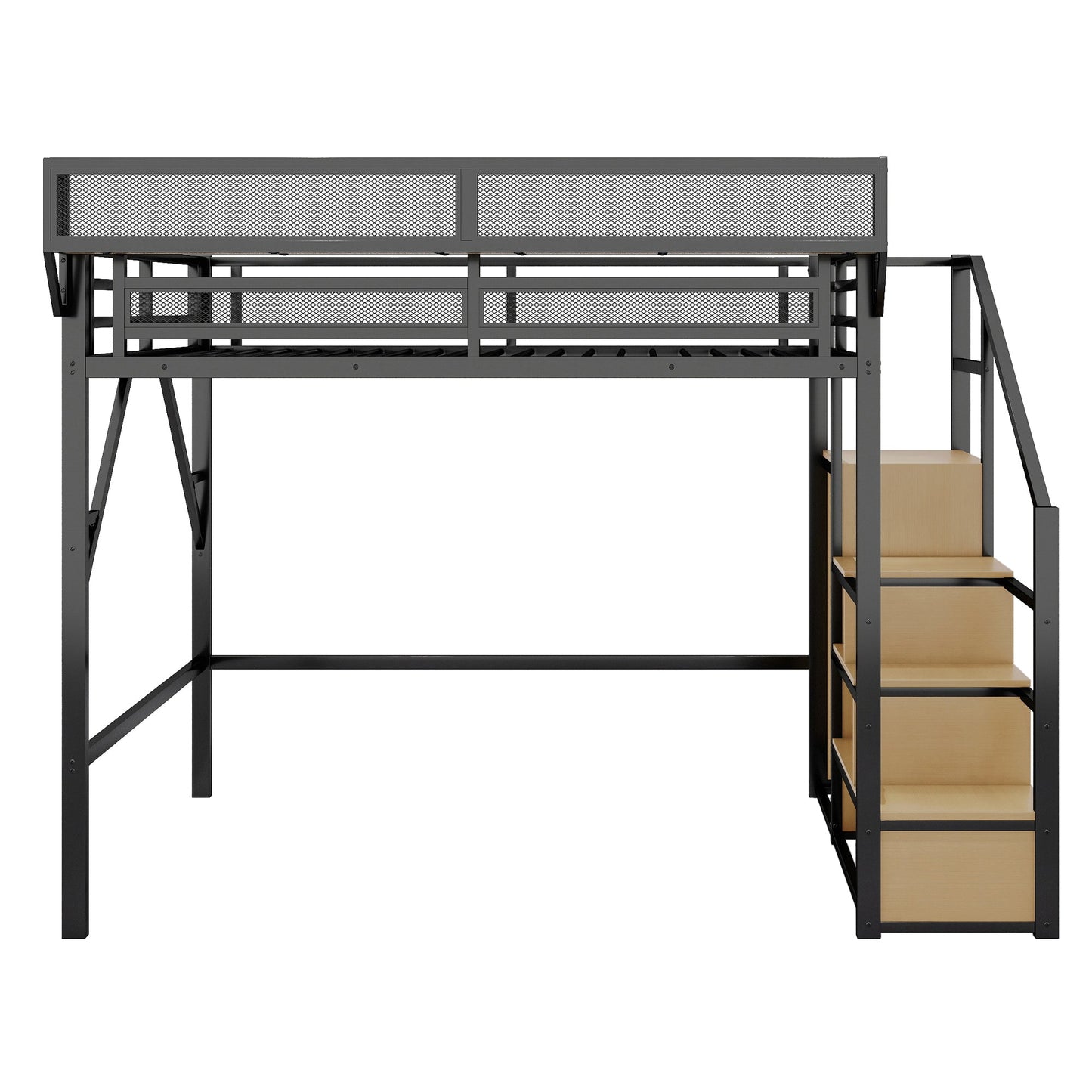 Queen Size Loft Bed with Stairs and Storage Shelves