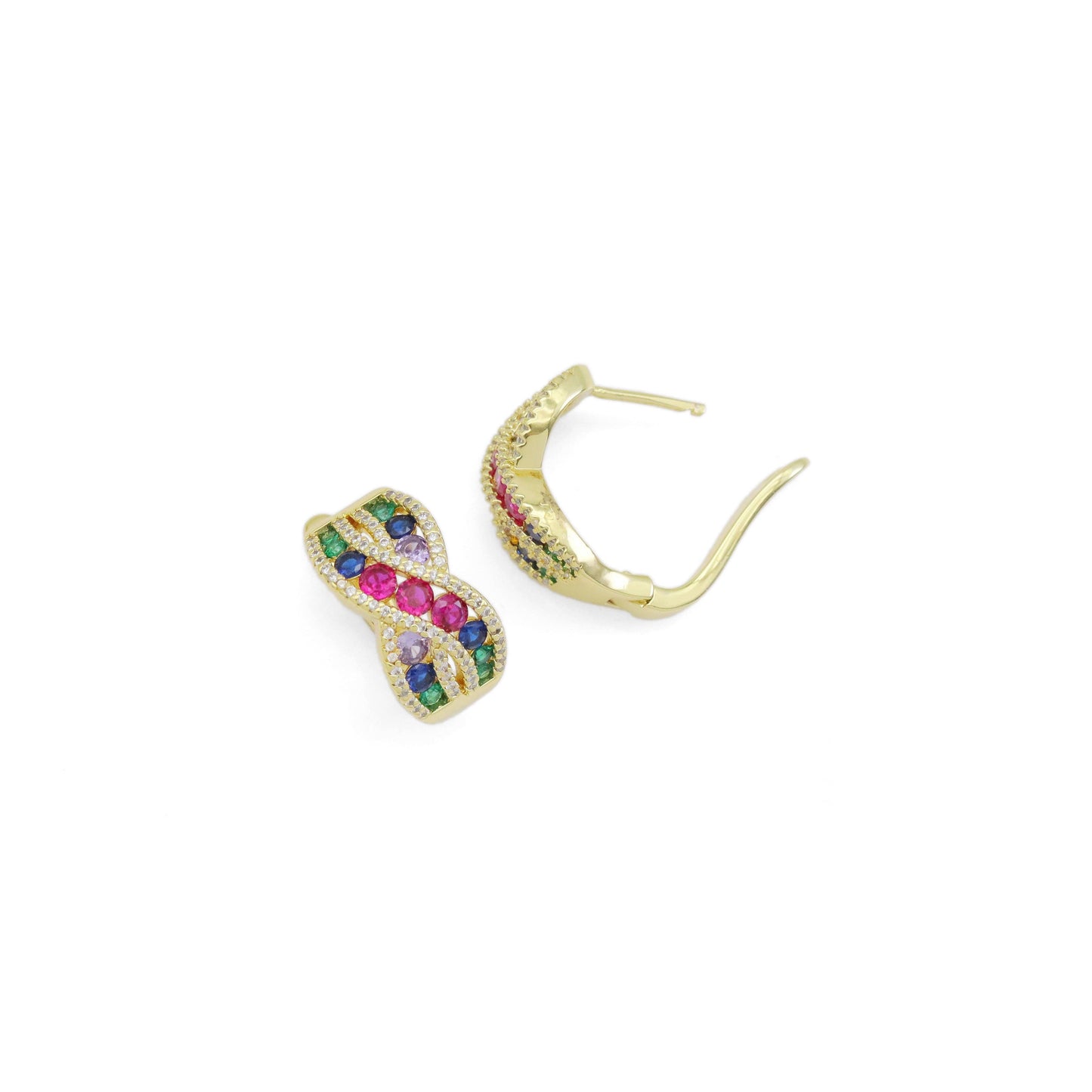 Colorful CZ Gold Twisted Cross Hoop Earrings, Sku#LX464