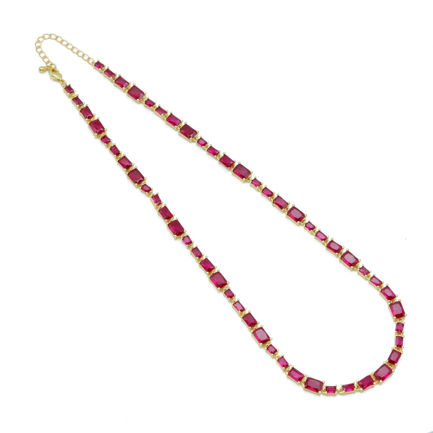 Gold Fuchsia Rectangle CZ Link Chain Necklace, Sku#A352