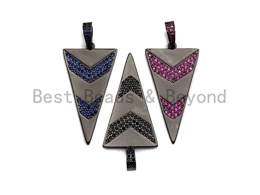 Gunmetal Triangle Shape with Blue/Pink/Black Arrow Pave CZ Pendant, CZ Pave Pendant, 20x46mm, sku#X103