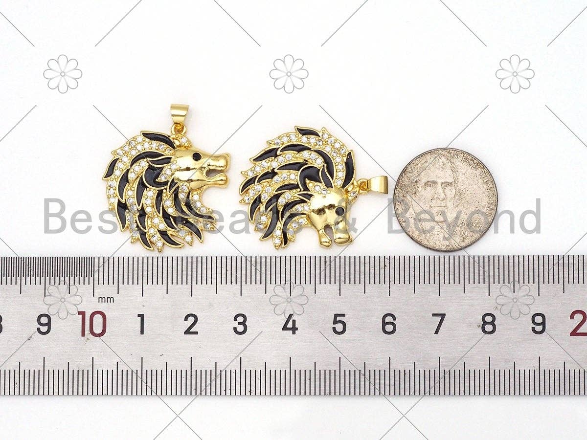 CZ Micro Pave with Black Enamel Lion Head Shape Pendant,18K Gold Filled Lion Head Charm, Necklace Bracelet Charm Pendant,26x27mm,Sku#LK406