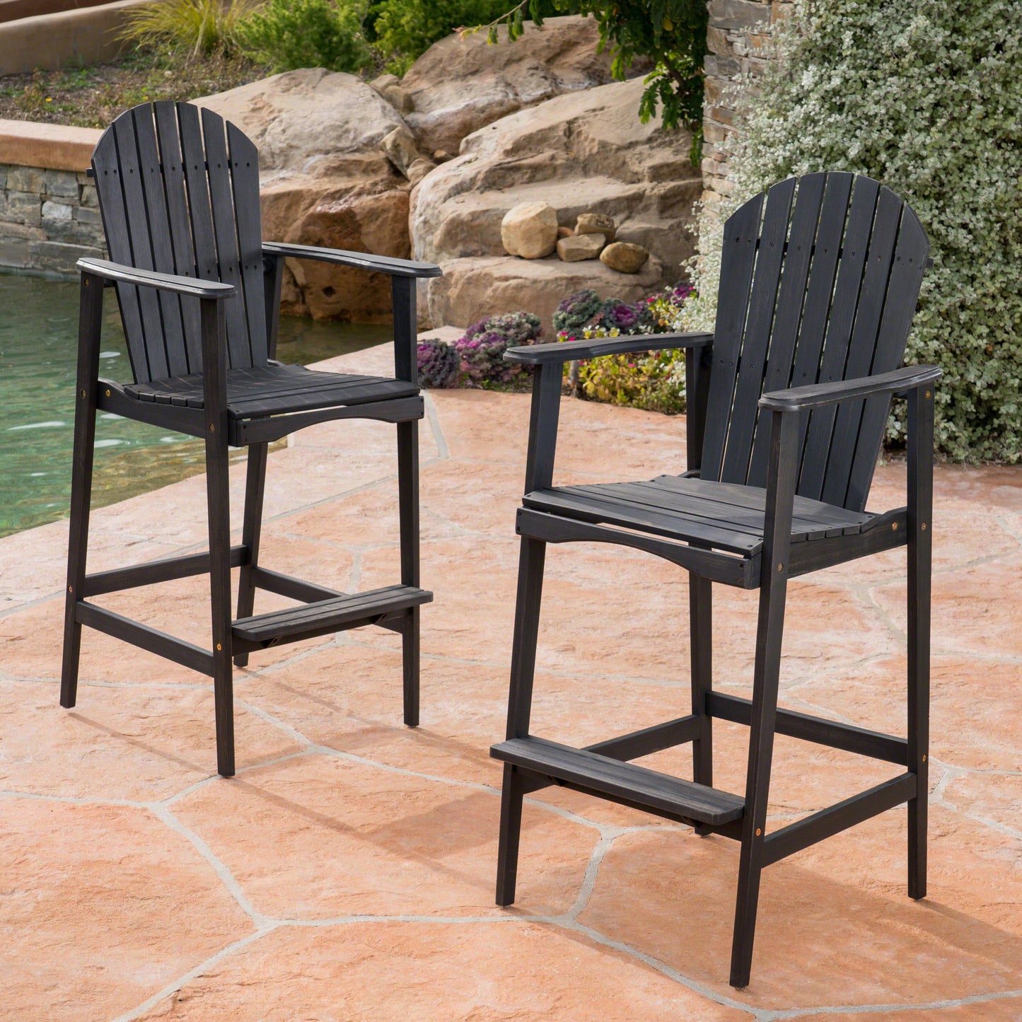 Outdoor Acacia Wood Adirondack Barstools, Set of 2