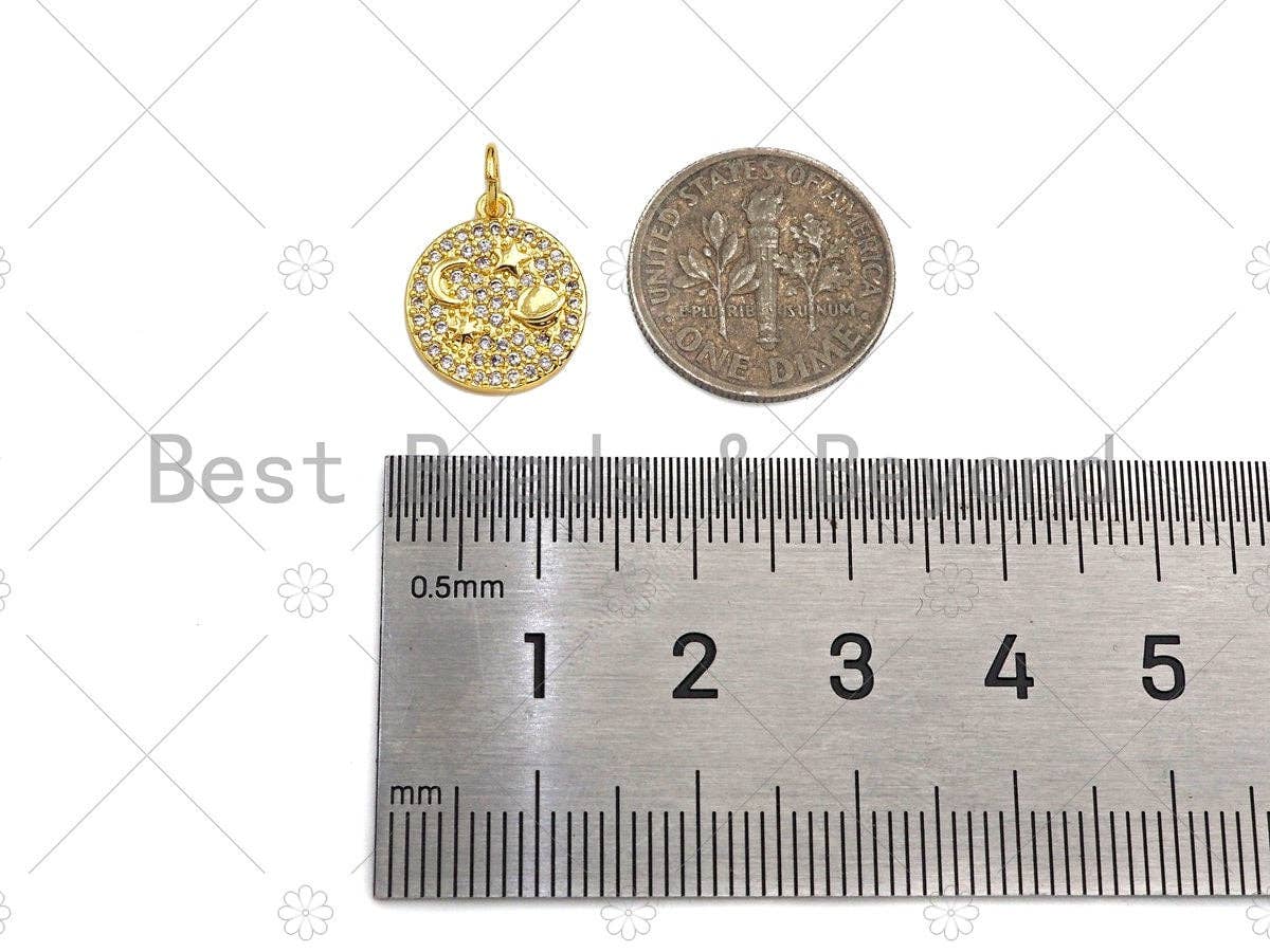 CZ Micro Pave North Star Moon Globe On Round Coin Shape Charm,Cubic Zirconia Medallion Charm, Necklace Bracelet Charm,12x14mm, Sku#LK234