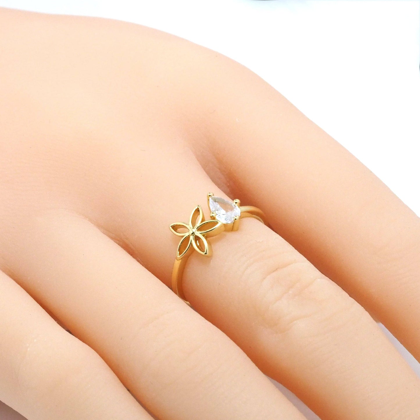 Gold Teardrop CZ Flower Adjustable Ring, Sku#LK806