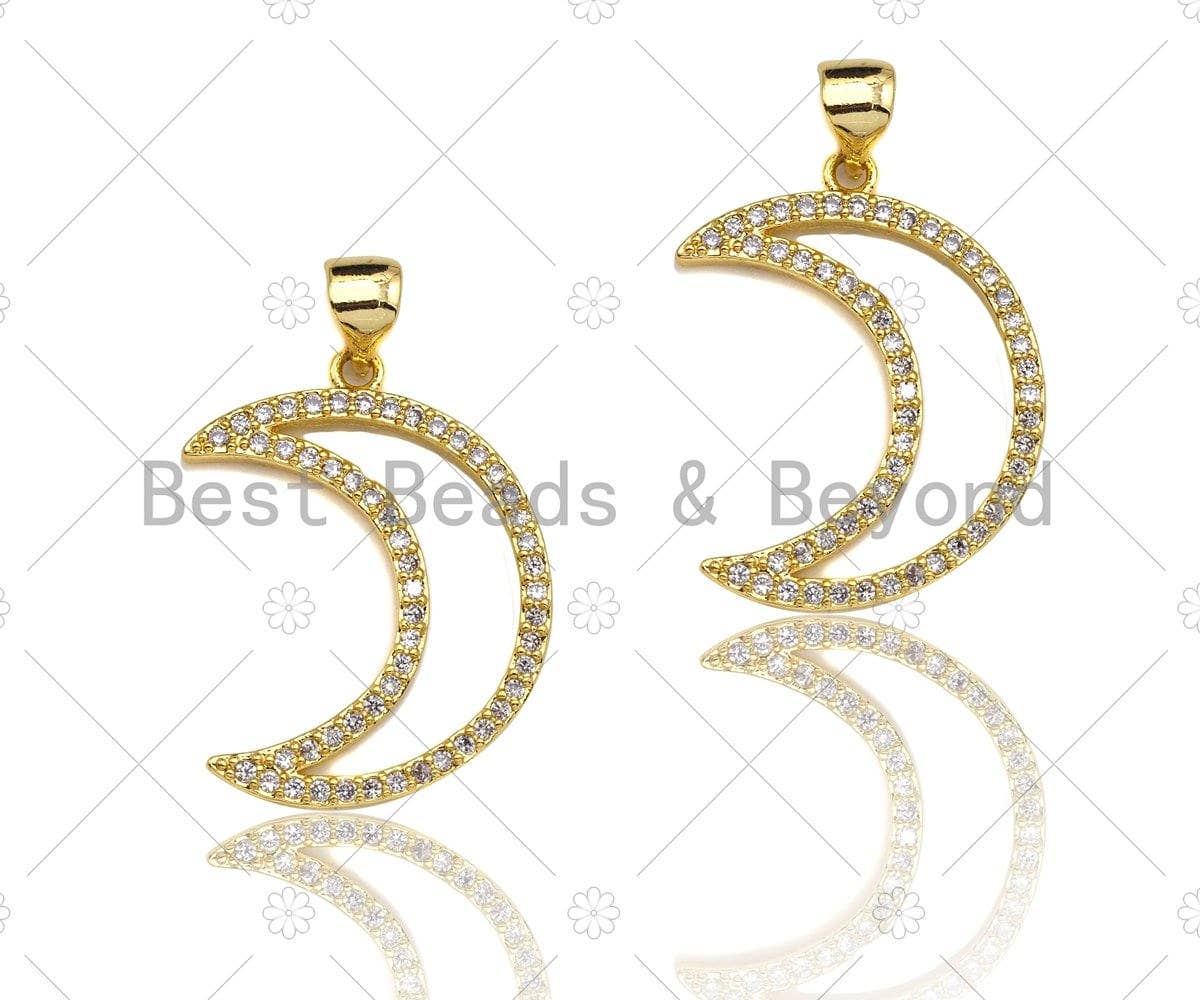 CZ Micro Pave Gold Moon Pendant, 18K Gold Filled Moon Charm, Necklace Bracelet Charm Pendant,17x23mm, Sku#LK83