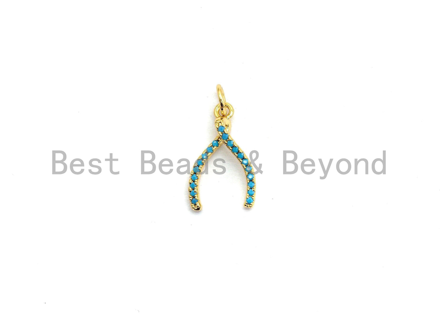 Turquoise CZ Micro Pave Wishbone Charm Pendant for Necklace/Bracelet, Cubic Zirconia Pendant, 10x16mm, sku#Y194