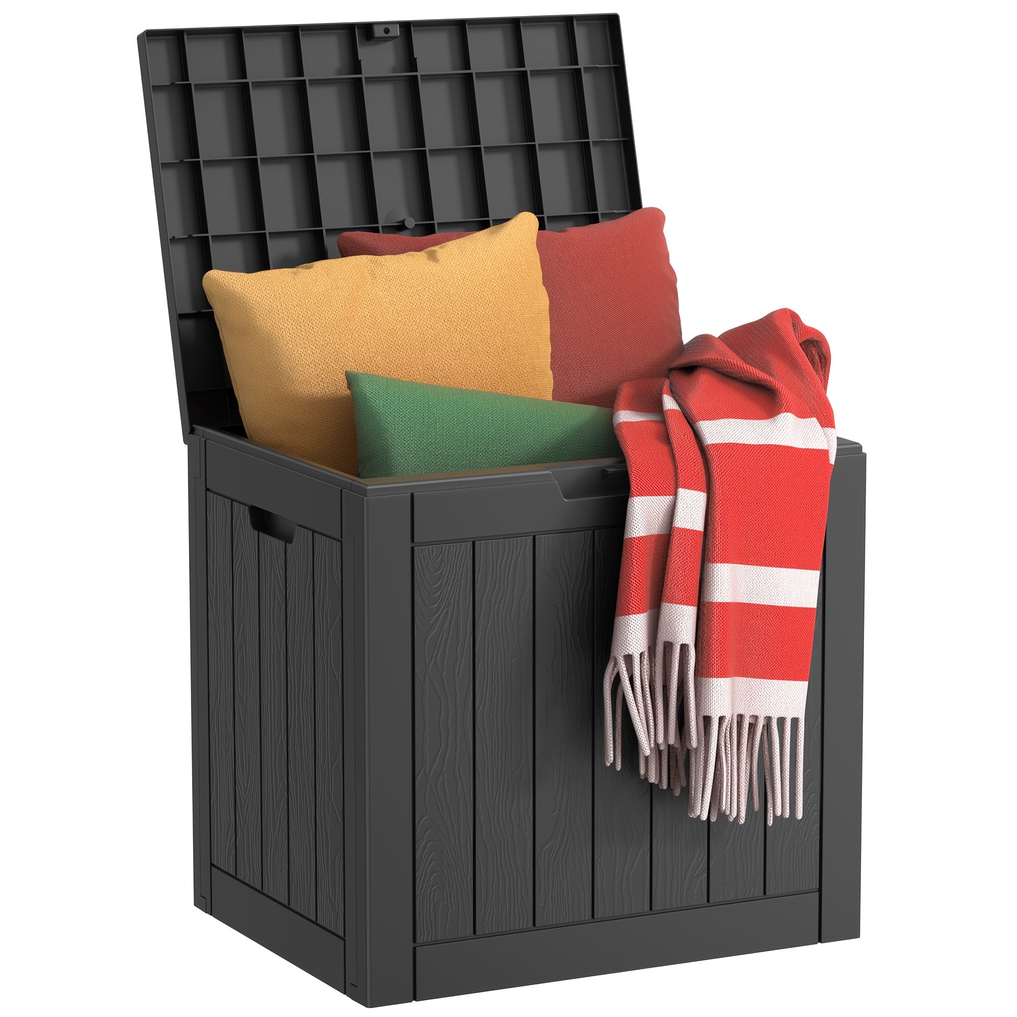 Boîte de rangement extérieure en résine de 35 gallons – Noir/Grain de bois
