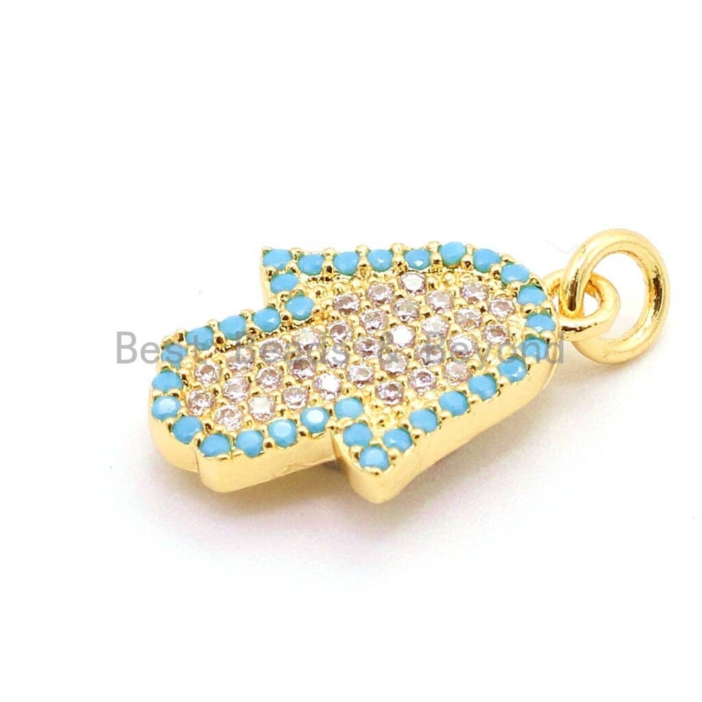 CZ Micro Pave Turquoise Hamsa Hand Bracelet Charm, Cubic Zirconia Charm,12x21mm, sku#F19