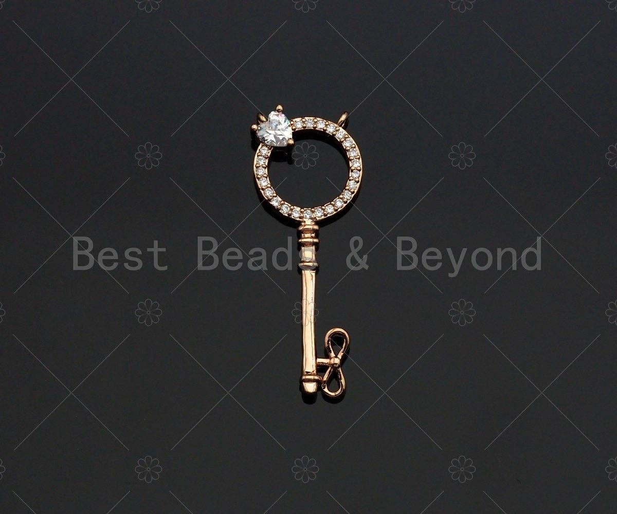CZ Micro Pave Key With Round Ring Shape Pendant , Gold/Silver/Black/Rose Gold Plated Key, Necklace Bracelet Pendant, 12x33mm,sku#L285