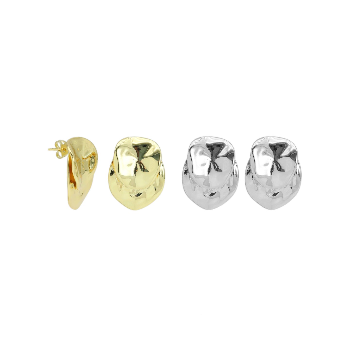 Silver Gold Hammered Oval Shape Statment Earrings, Sku#LD623