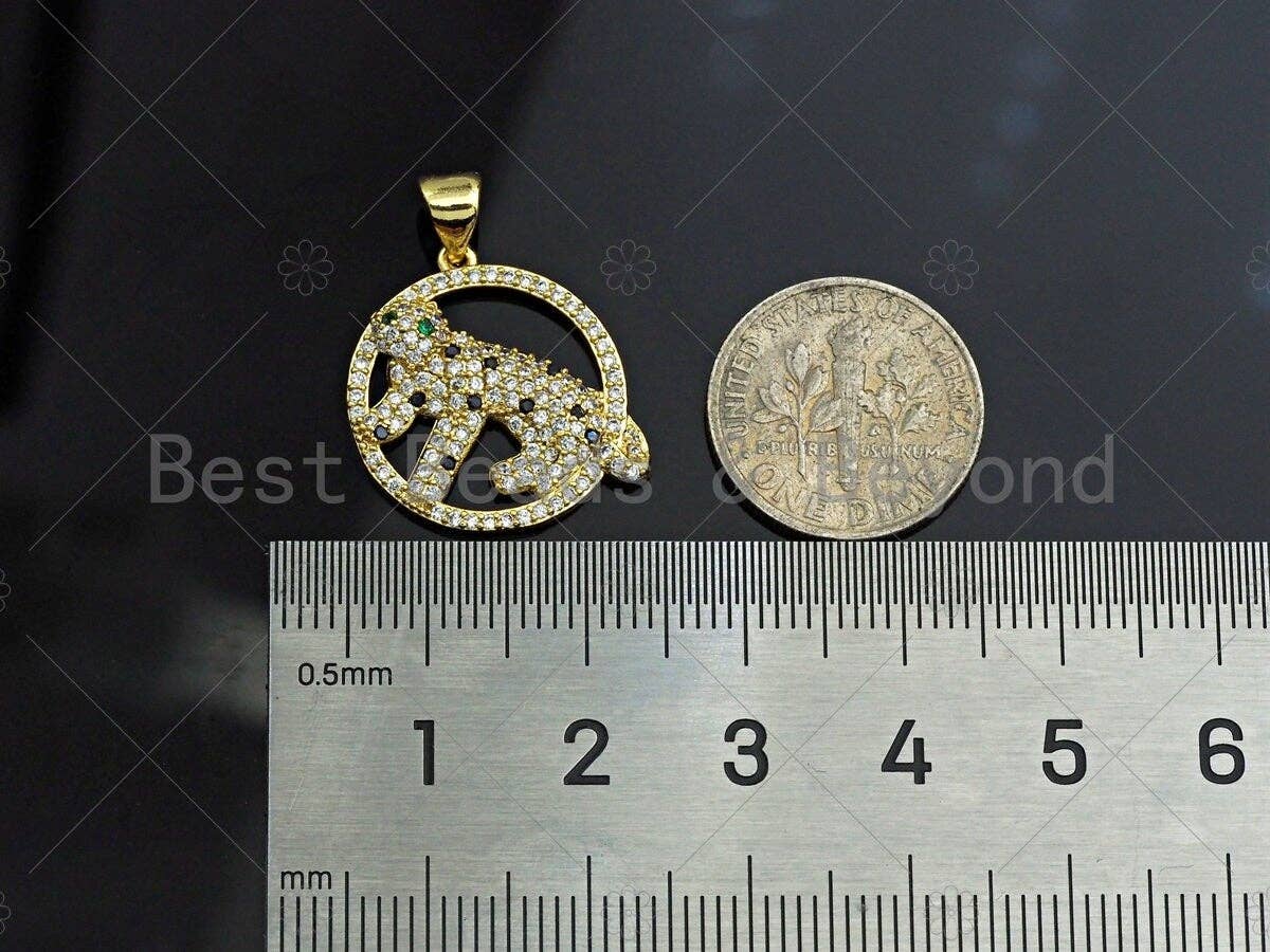 CZ Micro Pave Gold Leopard On Round Ring Shape Pendant, Jaguar Animal Charm, Panther Pave Pendant, Gold plated,18mm, Sku#LK82