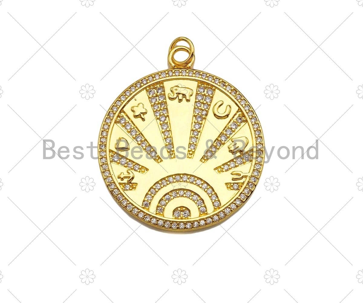 CZ Micro Pave Radiate On Round Coin Pendant/Charm,Cubic Zirconia Star Moon Hand Charm, Necklace Bracelet Charm Pendant,28x32mm, Sku#Y393
