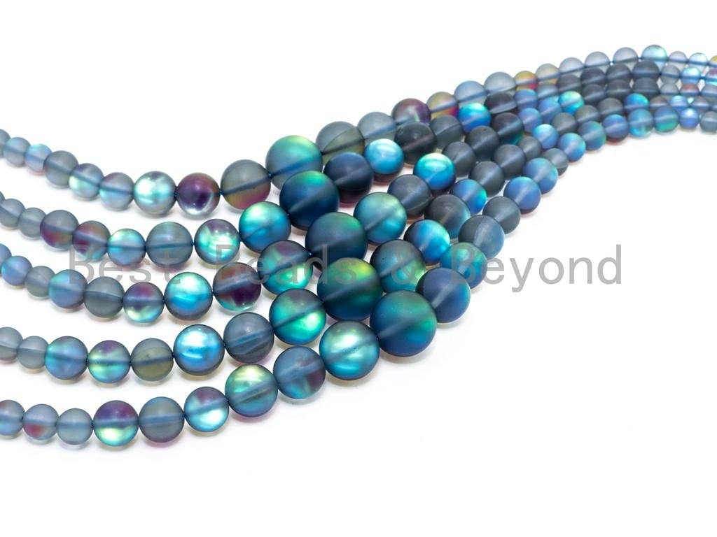 6-16mm Graduated Matte Blue Flashy Rainbow Manmade Moonstone Beads Strand, 6mm-16mm Round Matte beads, 15.5inch strand, SKU#U81