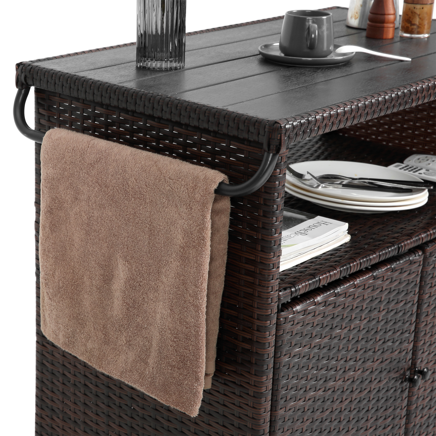 Outdoor Wicker Bar Cart, Patio Wine Serving Cart