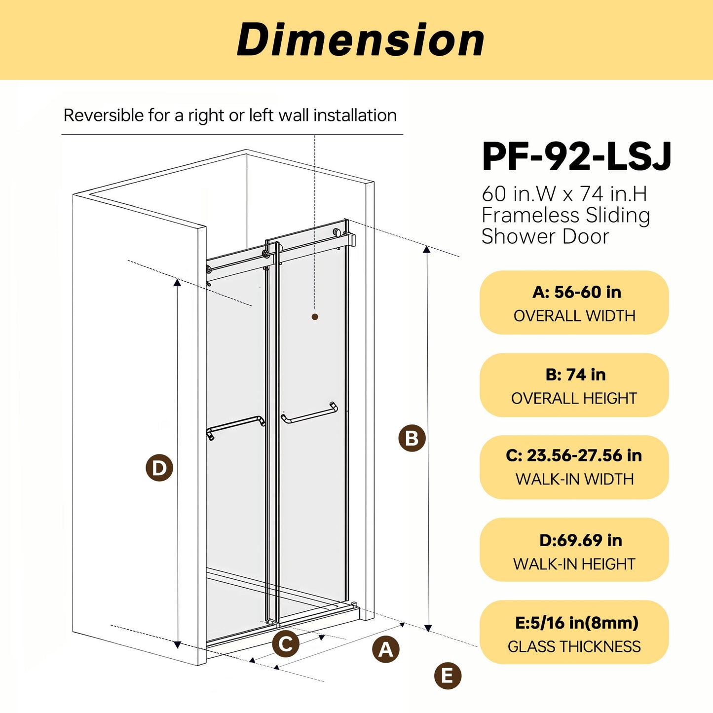Frameless Double Sliding Shower Door 56-60" W x 74" H