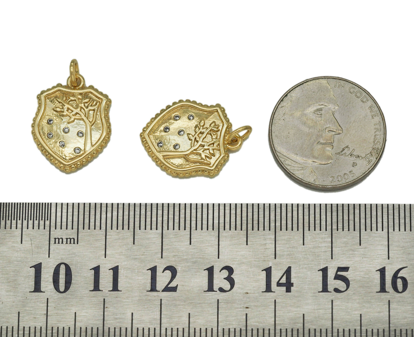 CZ Gold Tree On Shield Charm, Sku#F1479C