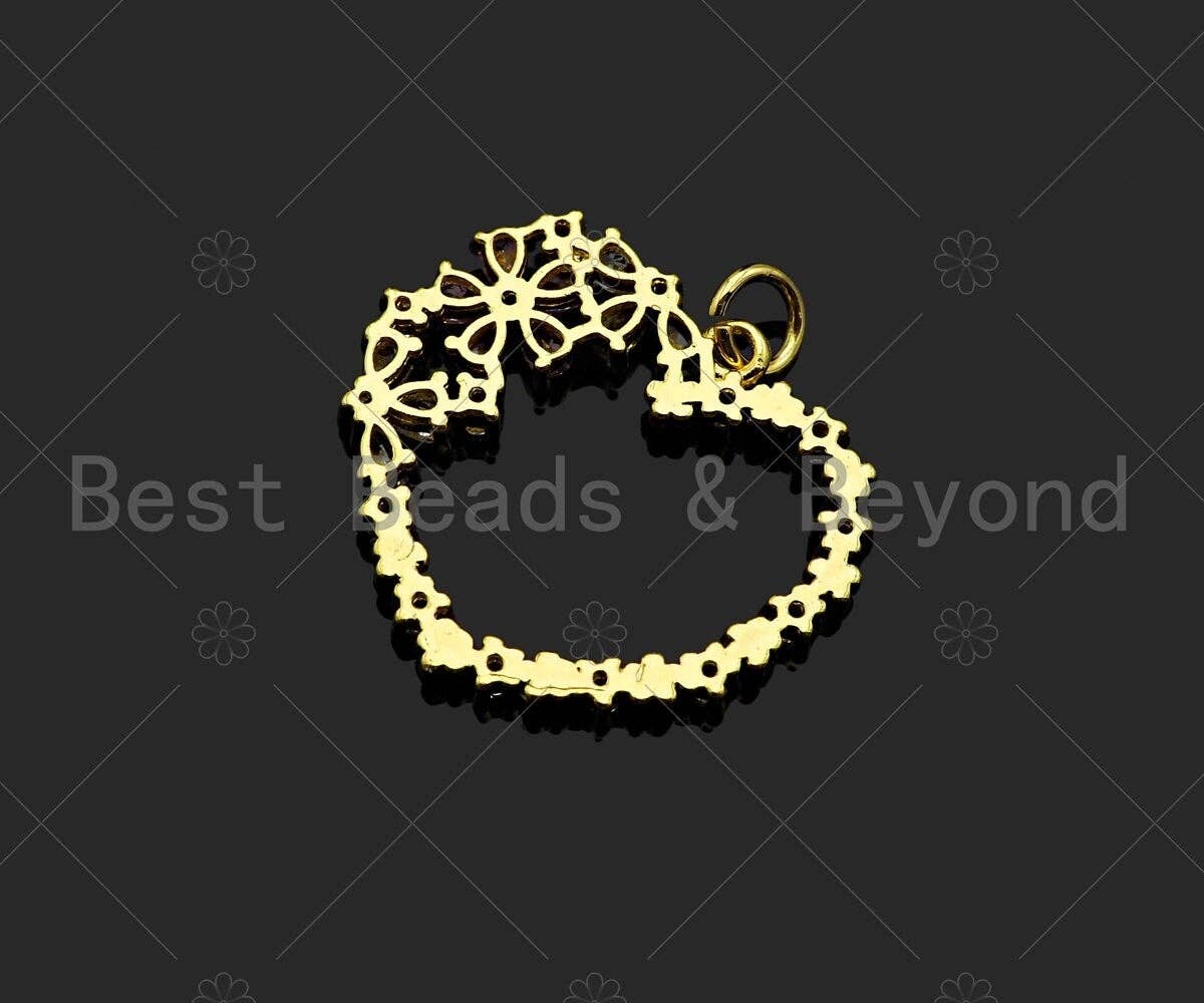 Gold Filled Colorful CZ Micro Pave Flower On Heart Shape Pendant, 18K Gold Filled Heart Charm, Necklace Bracelet Pendant,24x21mm,Sku#LK327