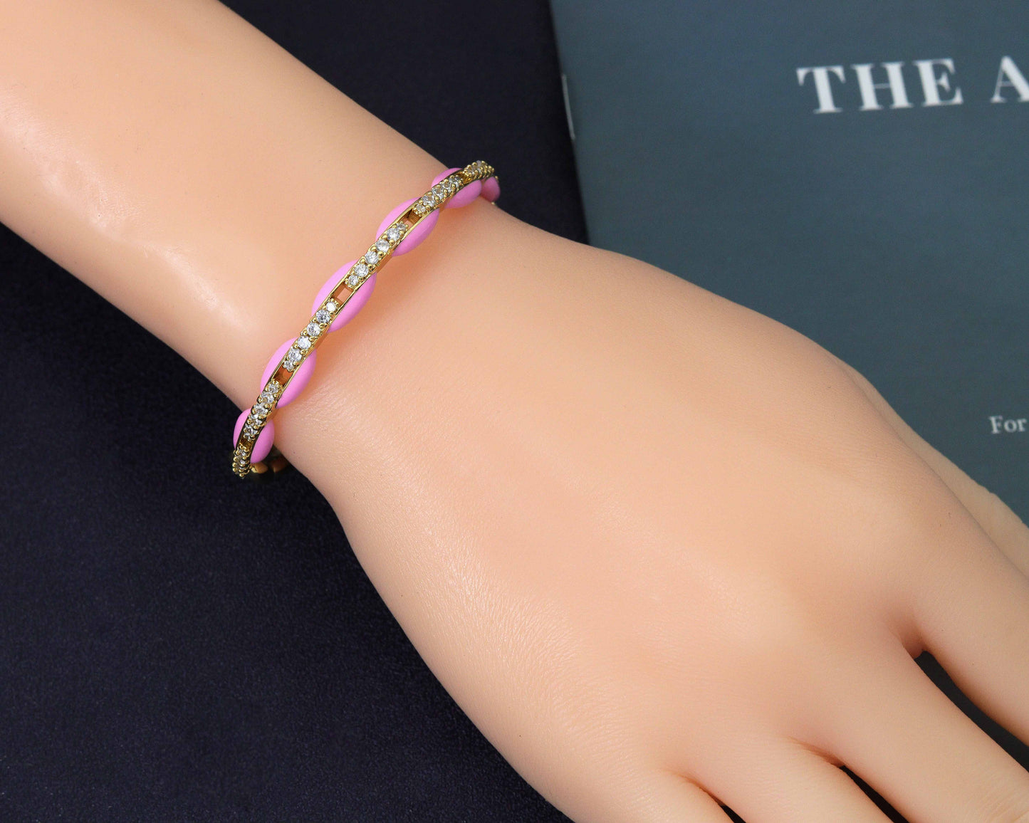 CZ Enamel Oval Link Bangle Bracelet, Sku#X316