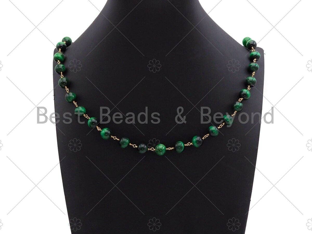 Green/Fuchsia/Navy Blue High Quality Tiger Eye Rosary Chain, 10mm Beaded Chain, Wire Wrapped Gold Chain,Sku#V86
