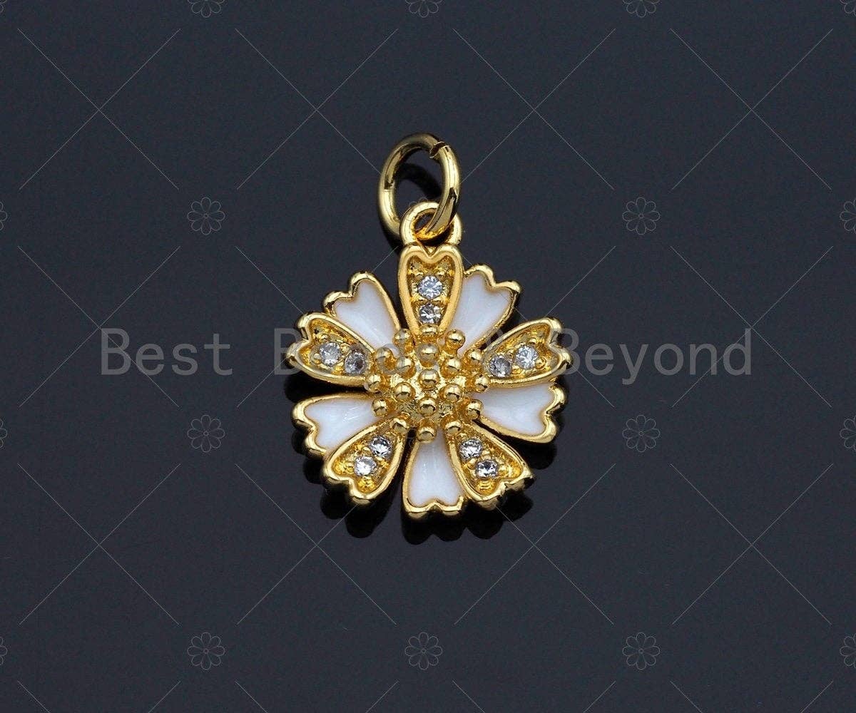 CZ Micro Pave White Enamel Daisy Flower Charm, 18K Gold Filled Flower Charm, Necklace Bracelet Charm Pendant, 13mm, Sku# Y268