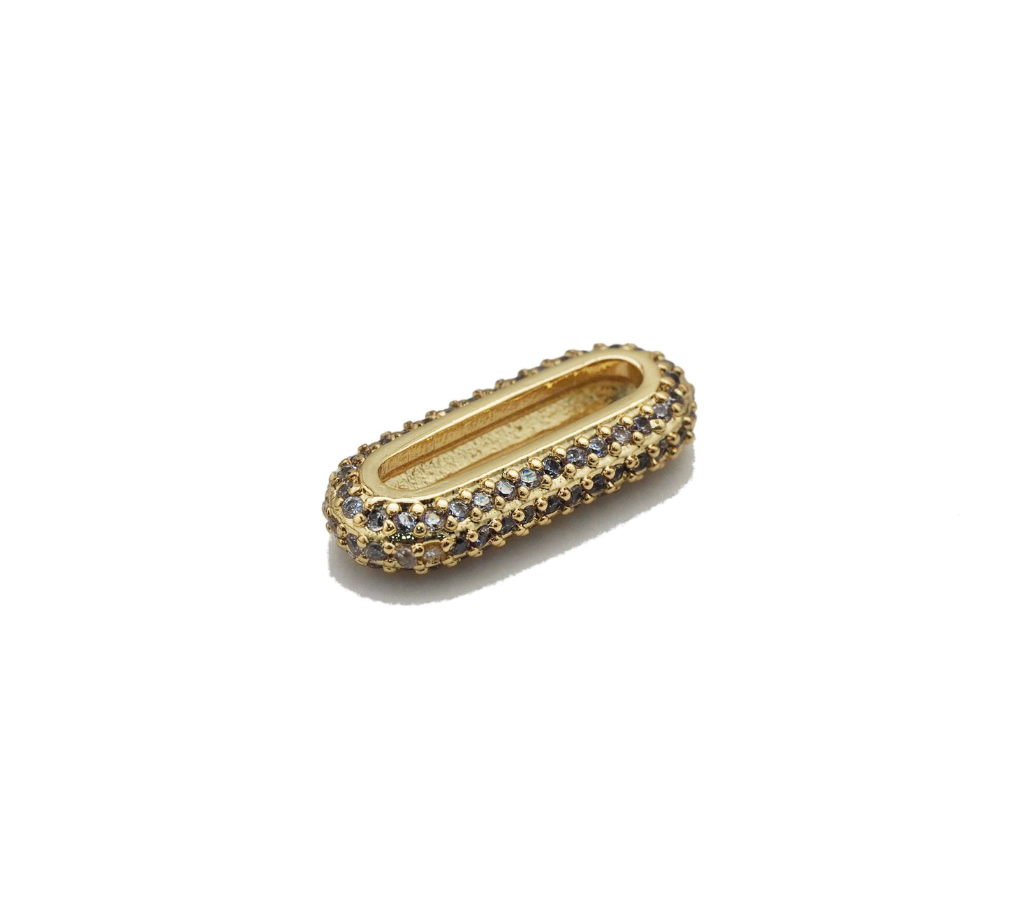Gold Silver CZ Pave Long Oval Link Bead, Oval Link Connector, Sku#Z1467