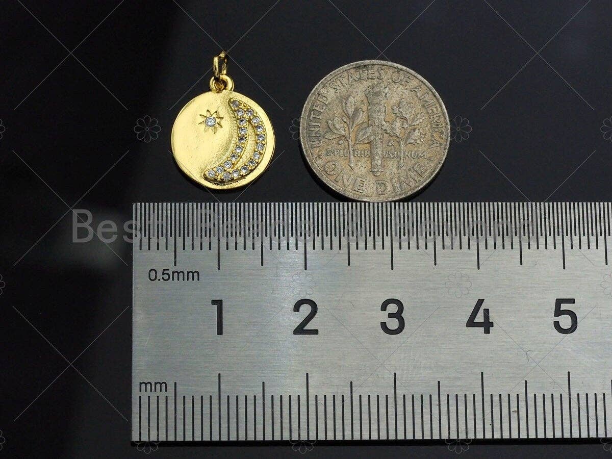 Dainty Shiny Gold Moon Star Round Coin Charms, Dainty Charms, Godl Coin Charm, Gold Pendant, 12x14mm, Sku#LK118