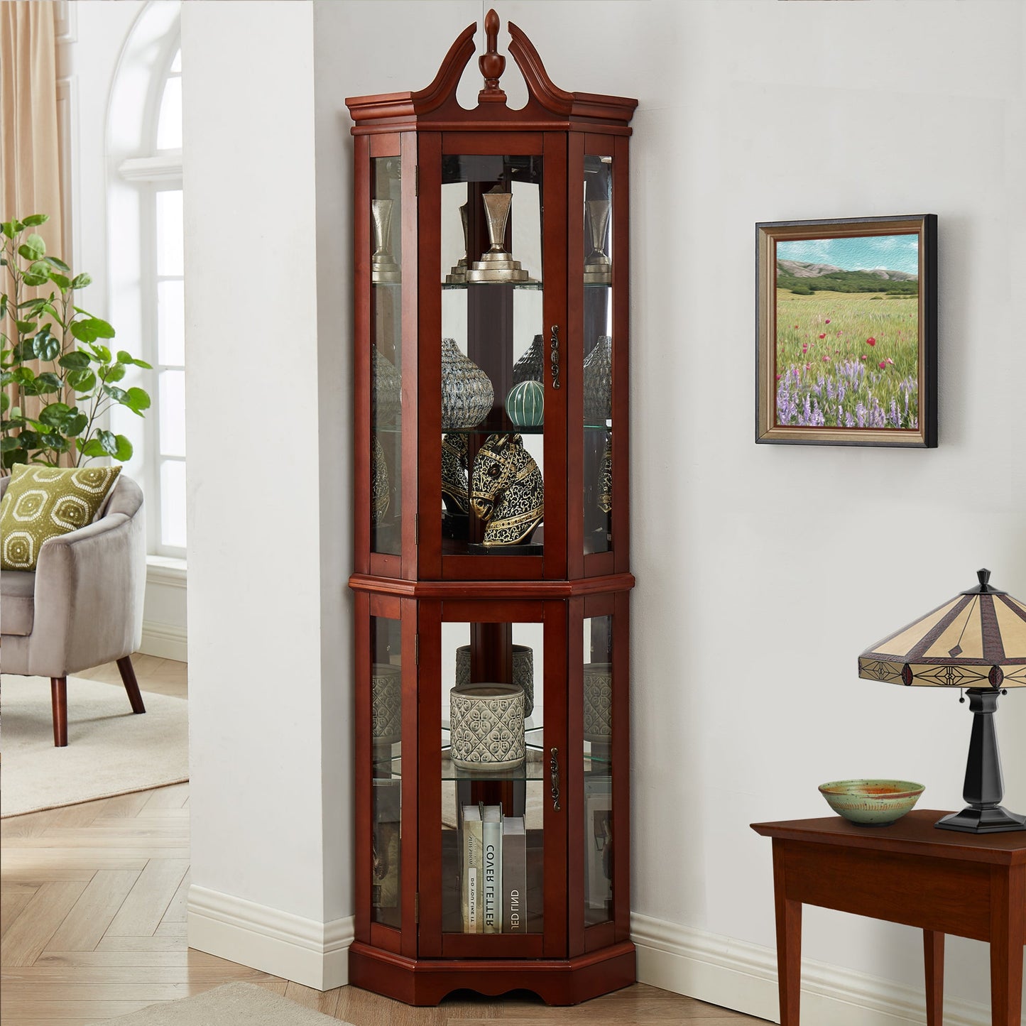 Walnut Corner Curio Cabinet with Lights