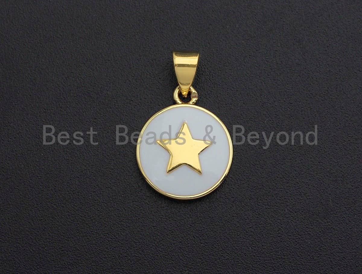 Gold Five Point Star On Colorful Enamel Round Coin Pendant, 18K Gold Filled Enamel Charm, Necklace Bracelet Pendant Charm,13x16mm,Sku#F1039