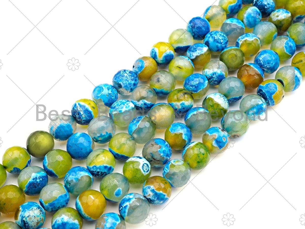 Natural Blue Yellow Fire Agate Round Faceted Beads, 8mm/10mm