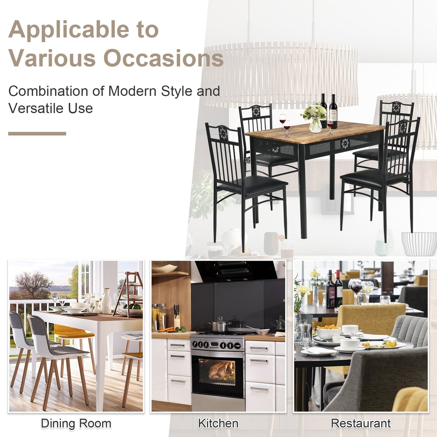 5 Pcs Dining Set Wood Metal Table and 4 Chairs with Cushions