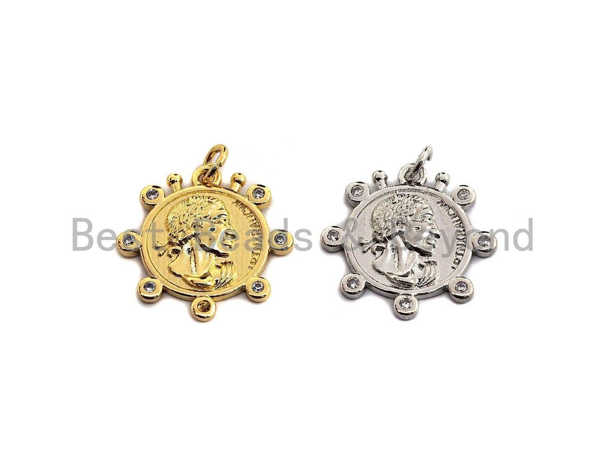 Medallion Coin Pendant/Charm, Medallion Cubic Zirconia Pendant, Silver/Gold Tone, 20x20mm,Sku#Z449