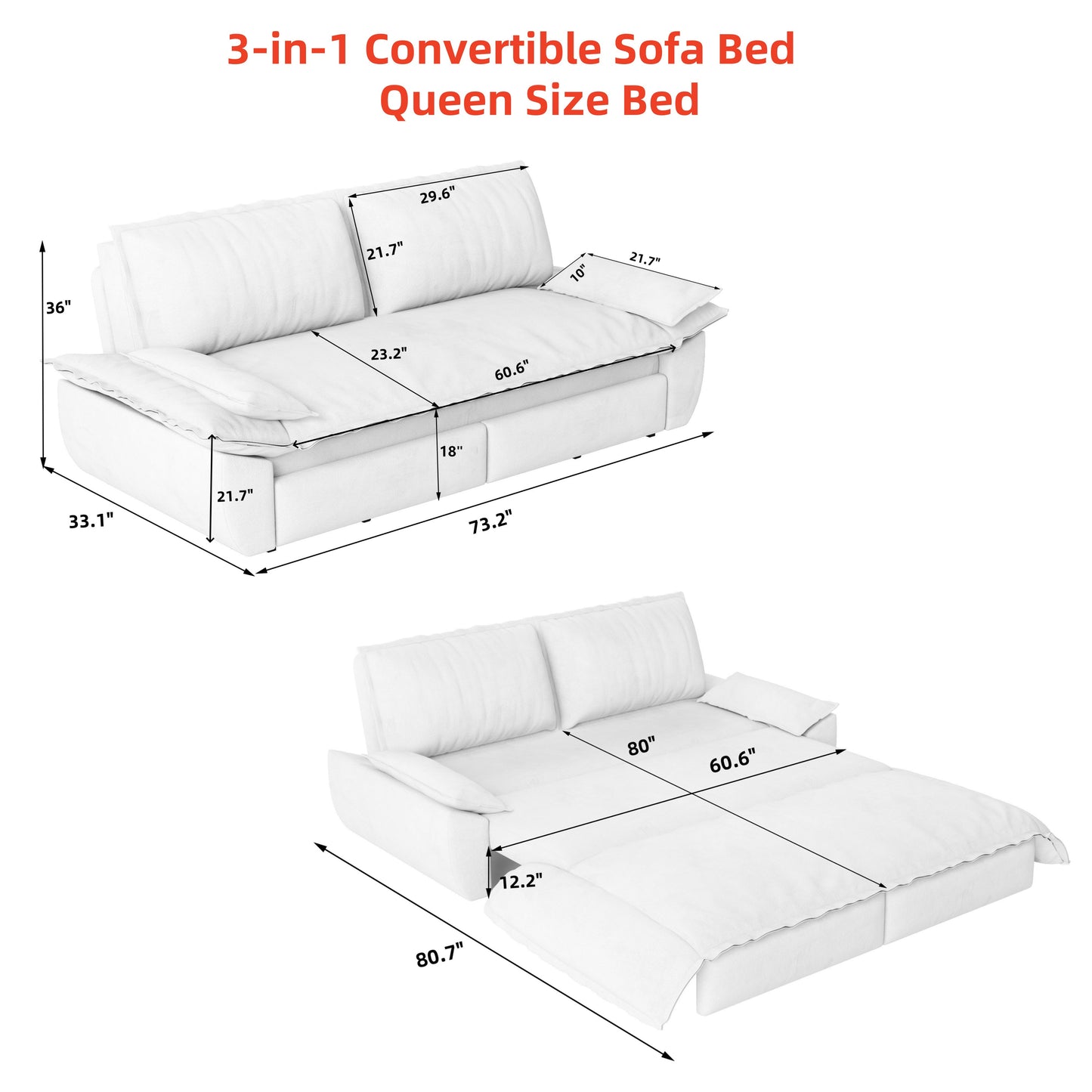 73.2" Queen Pull Out Sofa Bed - 3-in-1 Convertible Sleeper