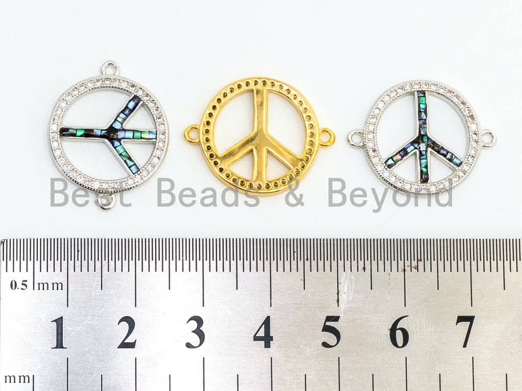 CZ Micro Pave Abalone Peace Sign Connector, 24K Gold Silver Plated, Cubic Zirconia Spacer Connector,Pave Findings, 18x23mm, sku#Z32