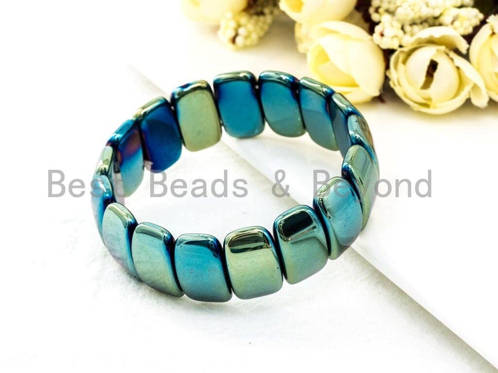 Green Blue Natural Hematite Stretch Bracelet, Titanium Plate