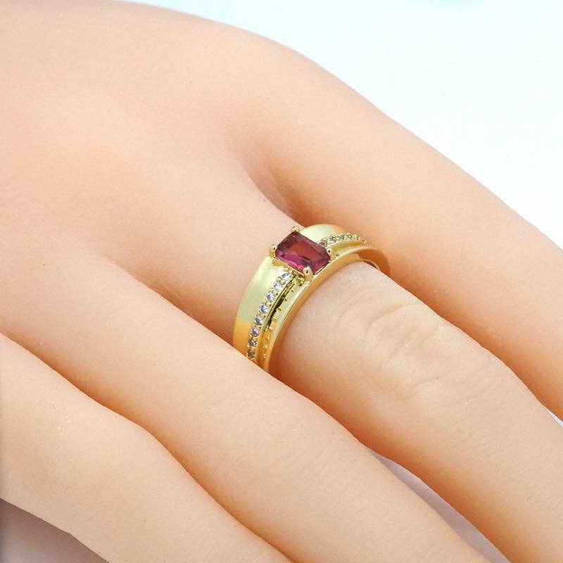 Gold Fuchsia Rectangle CZ Adjustable Ring, Sku#LK797