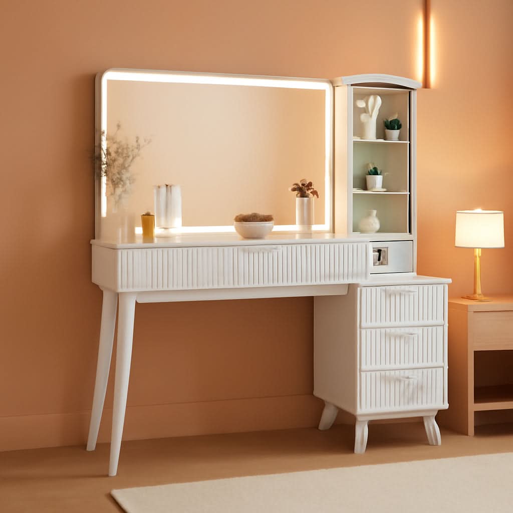 White Forty Eight nch Vanity Desk With LED Illuminated Mirror