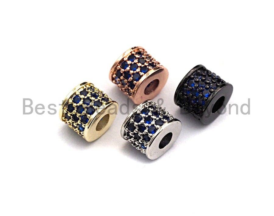 CZ Big Hole Drum Barrel Cobalt Micro Pave Beads, Gold/Rose Gold/Silver/Black Cubic Zirconia Spacer Beads, DIY Jewelry, 6x7mm, sku#X45