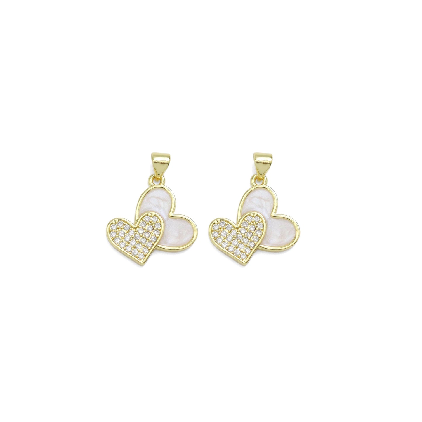 CZ Double Heart White Enamel Gold Charm, Sku#LK923
