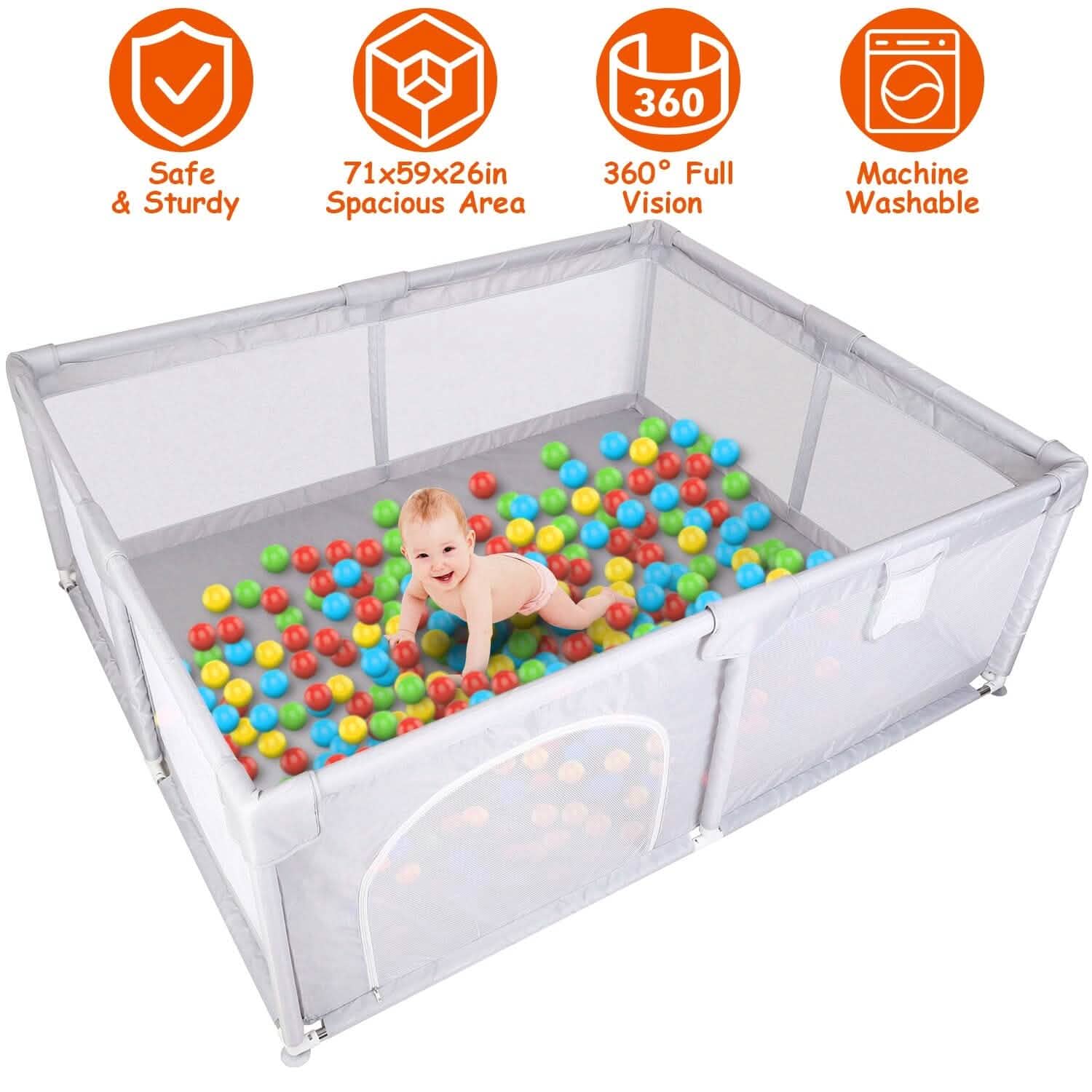 Baby Playpen with Anti-Suction Base Zipper Door