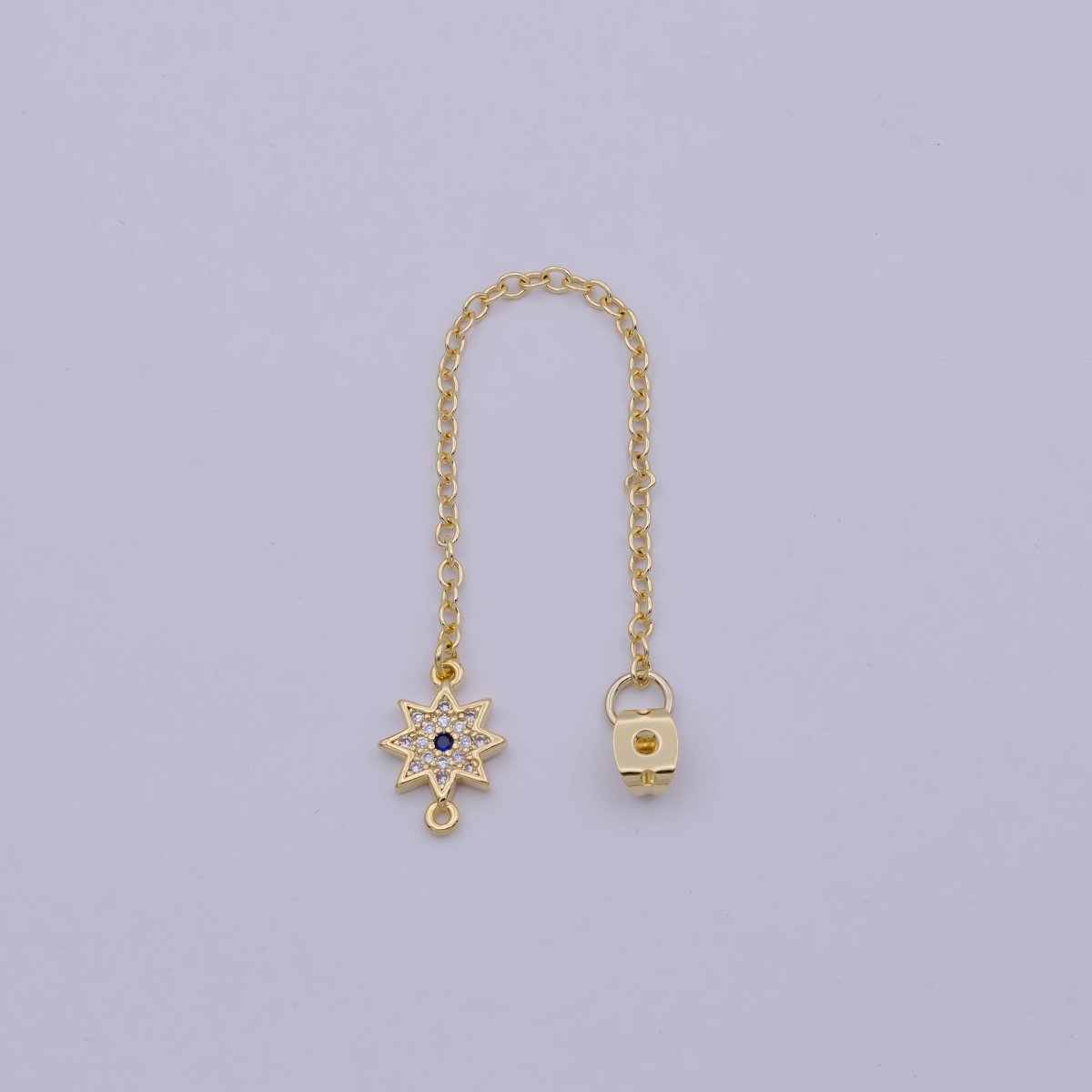 Back stopper w/ chain cz North Star Charm 2 pcs Gold Filled Nickel free, Butterfly clutch chain Dainty earring back K-198