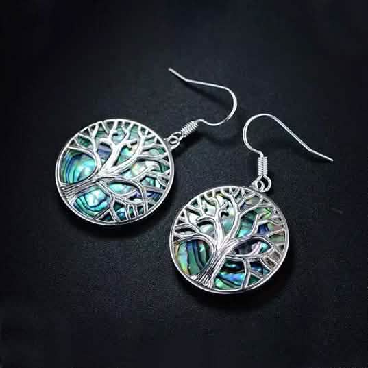 Boucles d'oreilles pendantes Arbre de Vie Barzel avec perle d'ormeau
