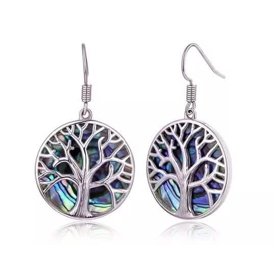 Boucles d'oreilles pendantes Arbre de Vie Barzel avec perle d'ormeau