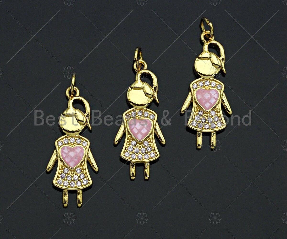 Girl With Pink Heart Pendant/Charm, Mother-of-pearl Inlay Heart Pendant, Cubic Zirconia Pendant, 11x26mm, Sku#LK74