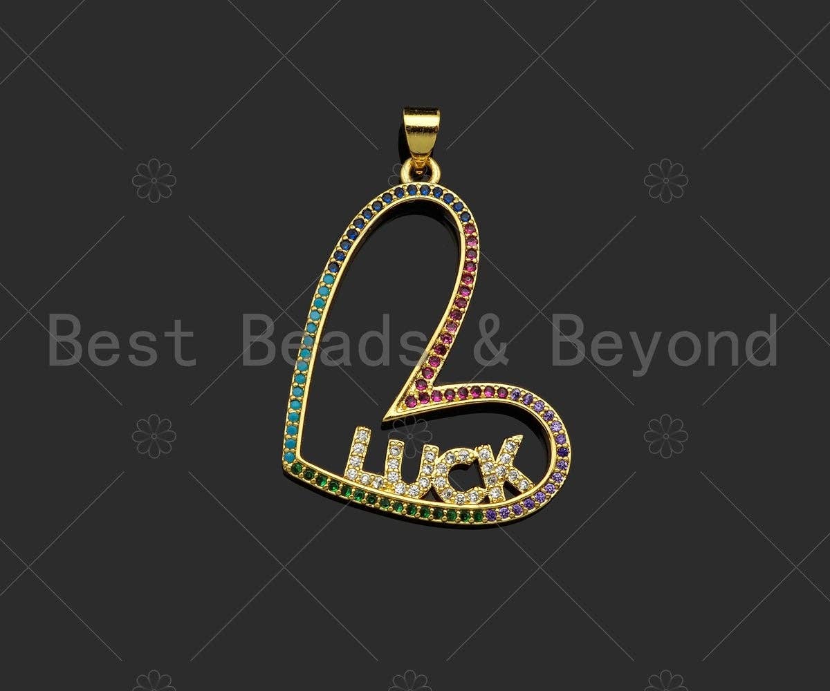Gold Filled Colorful CZ Happy Luck Hope Word On Heart Shape Pendant,18K Gold Filled Heart Charm, Necklace Bracelet Pendant,34x24mm,Sku#LK341