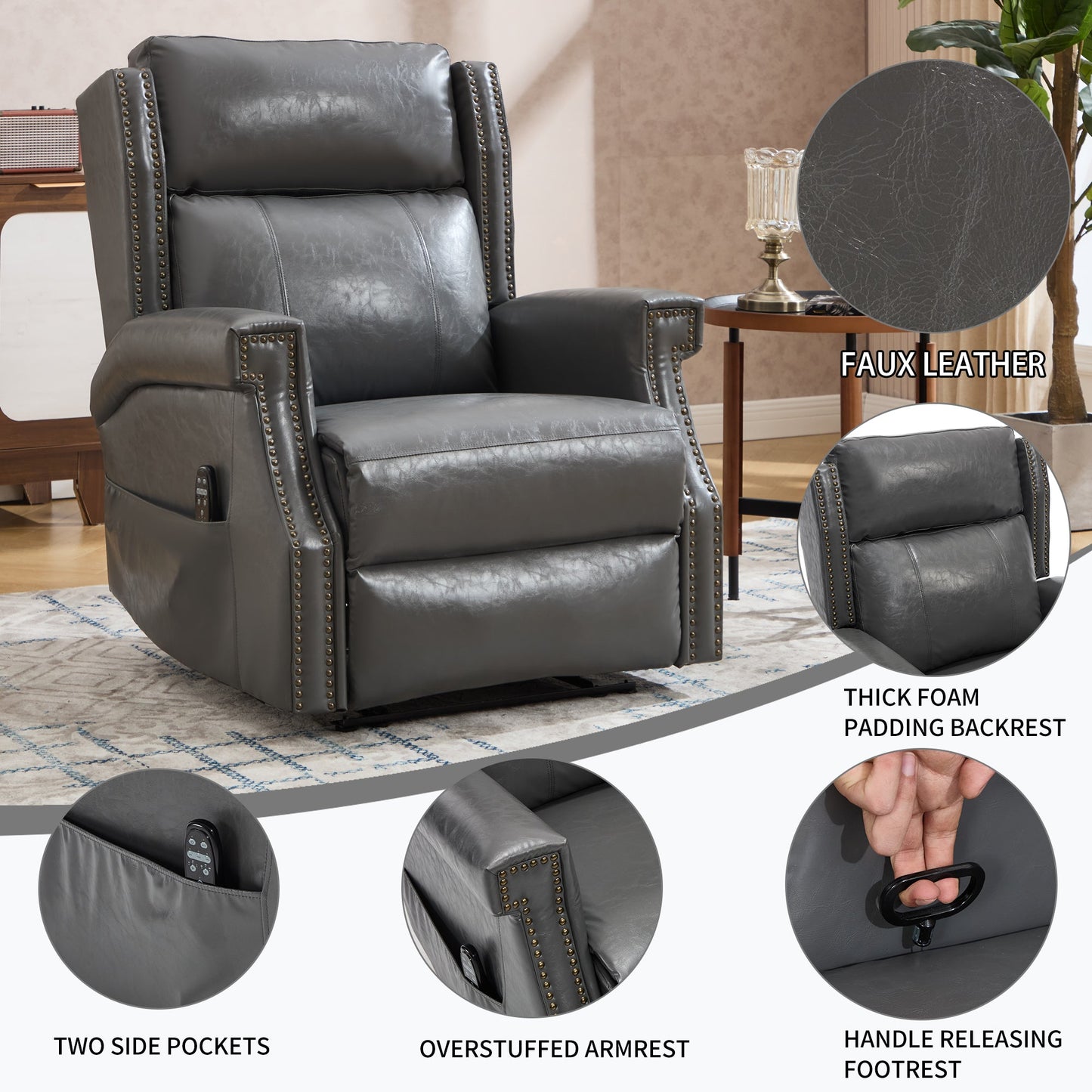Grey Manual Recliner Chair in Faux Leather