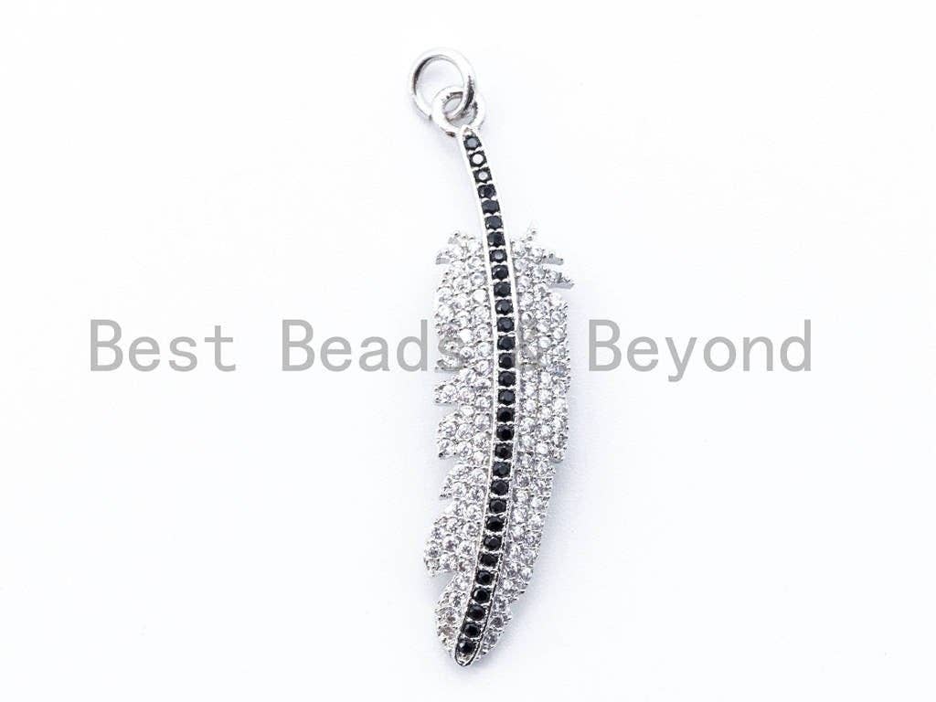 CZ Micro Pave Feather Pendant with Jump Ring, Cubic Zirconia Pendant/Charm,44x12mm,sku#F97C